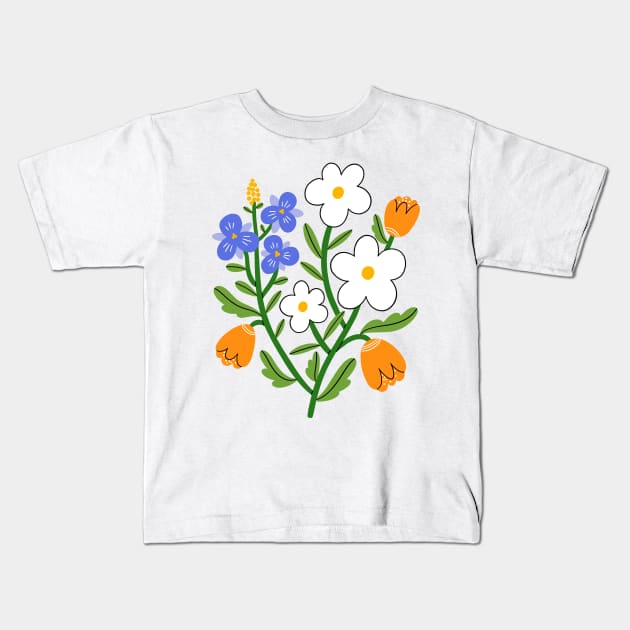 Pansy, daisy and tulip flower composition Kids T-Shirt by Stolenpencil